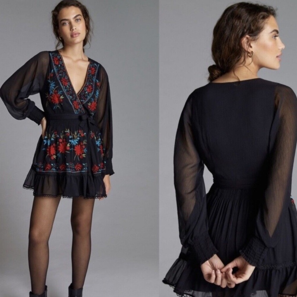 Embroidered Wrap Dress